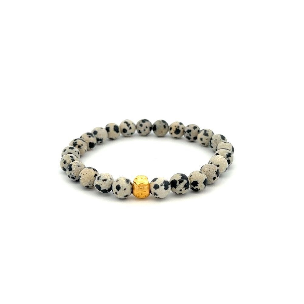 Natural Dalmatian Jasper Gemstones 6mm 24k Gold Money Bag Charm Stretch Bracelet
